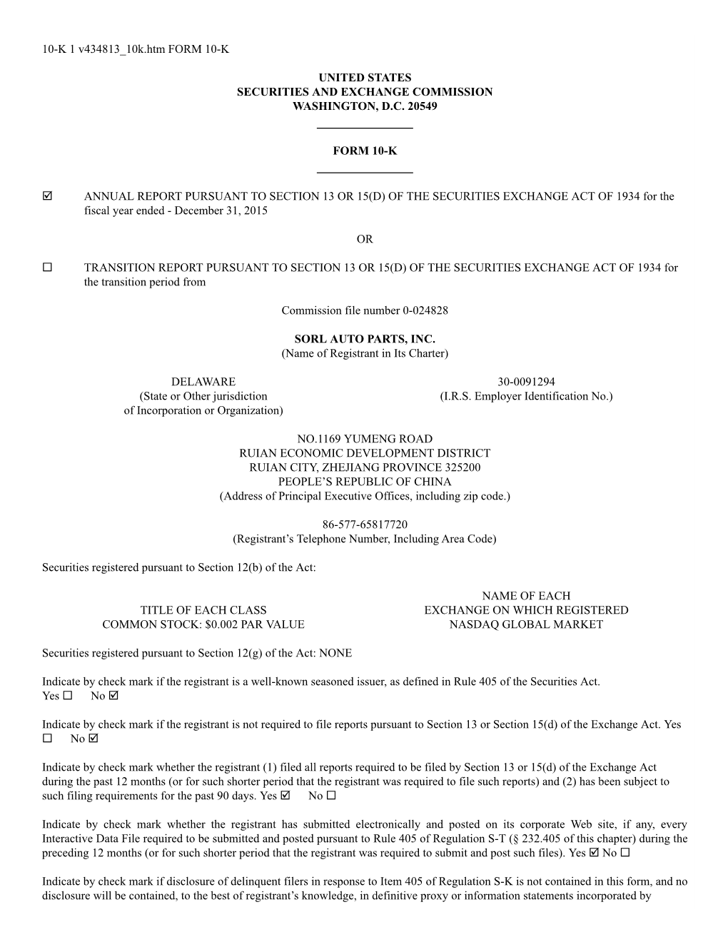 10-K 1 V434813 10K.Htm FORM 10-K UNITED STATES SECURITIES and EXCHANGE COMMISSION WASHINGTON, D.C. 20549 FORM 10-K ANNUAL RE