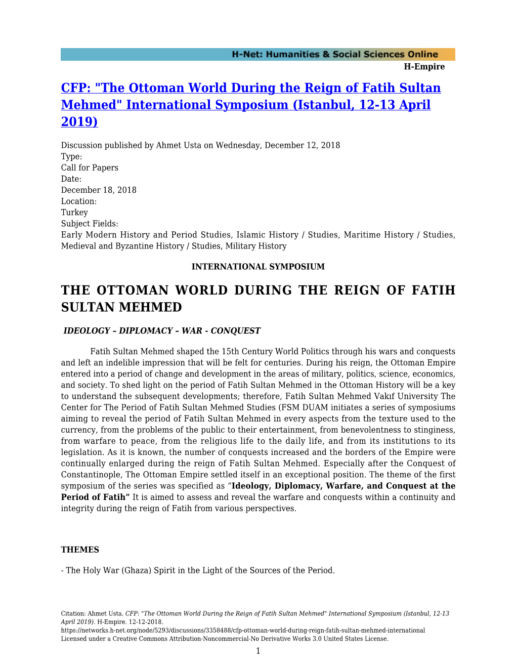 The Ottoman World During the Reign of Fatih Sultan Mehmed" International Symposium (Istanbul, 12-13 April 2019)
