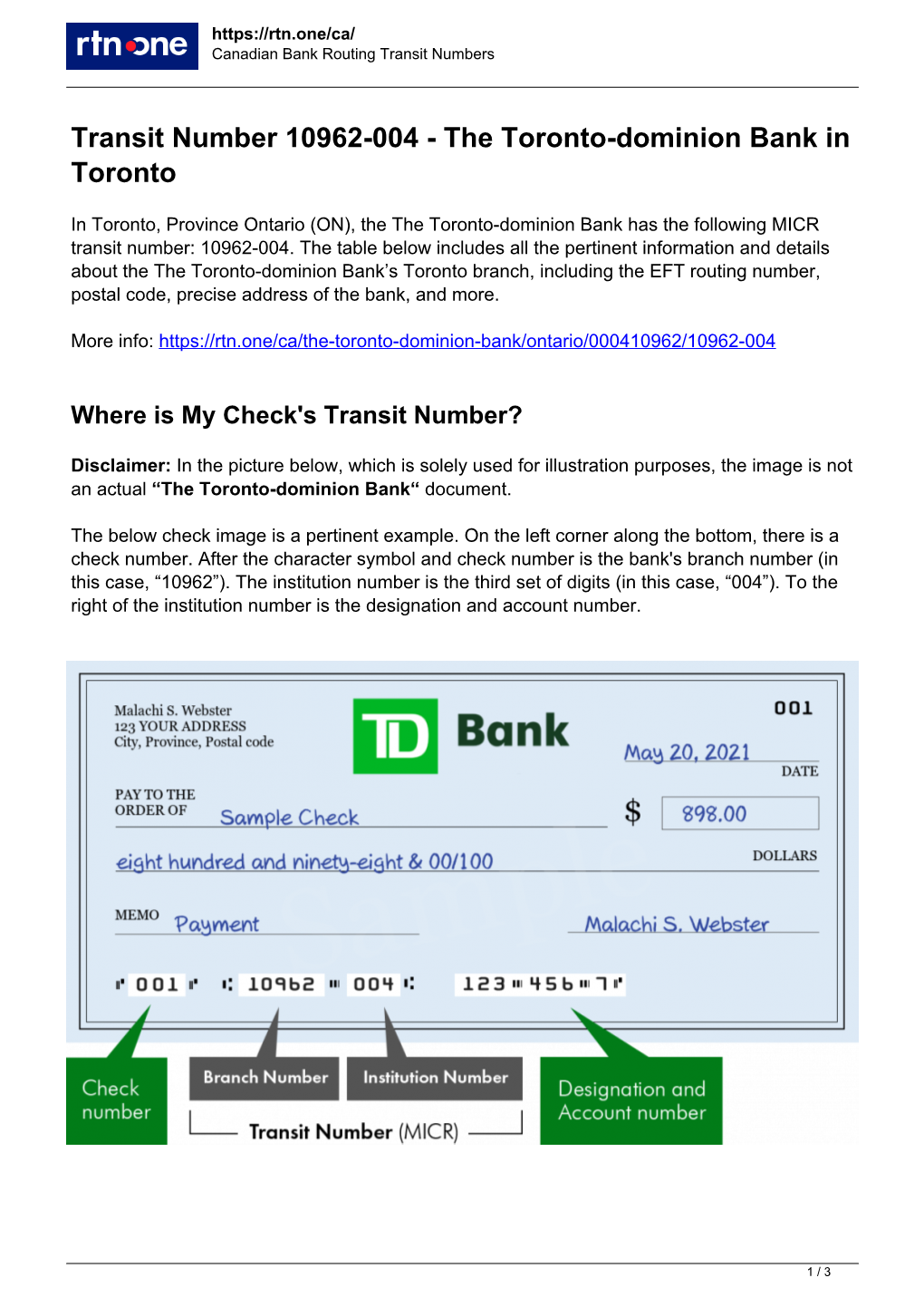 000410962 — Transit and Routing Numbers for the the Toronto