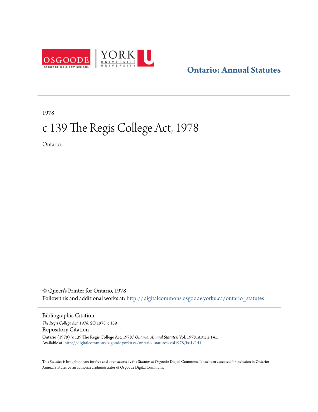 C 139 the Regis College Act, 1978 Ontario