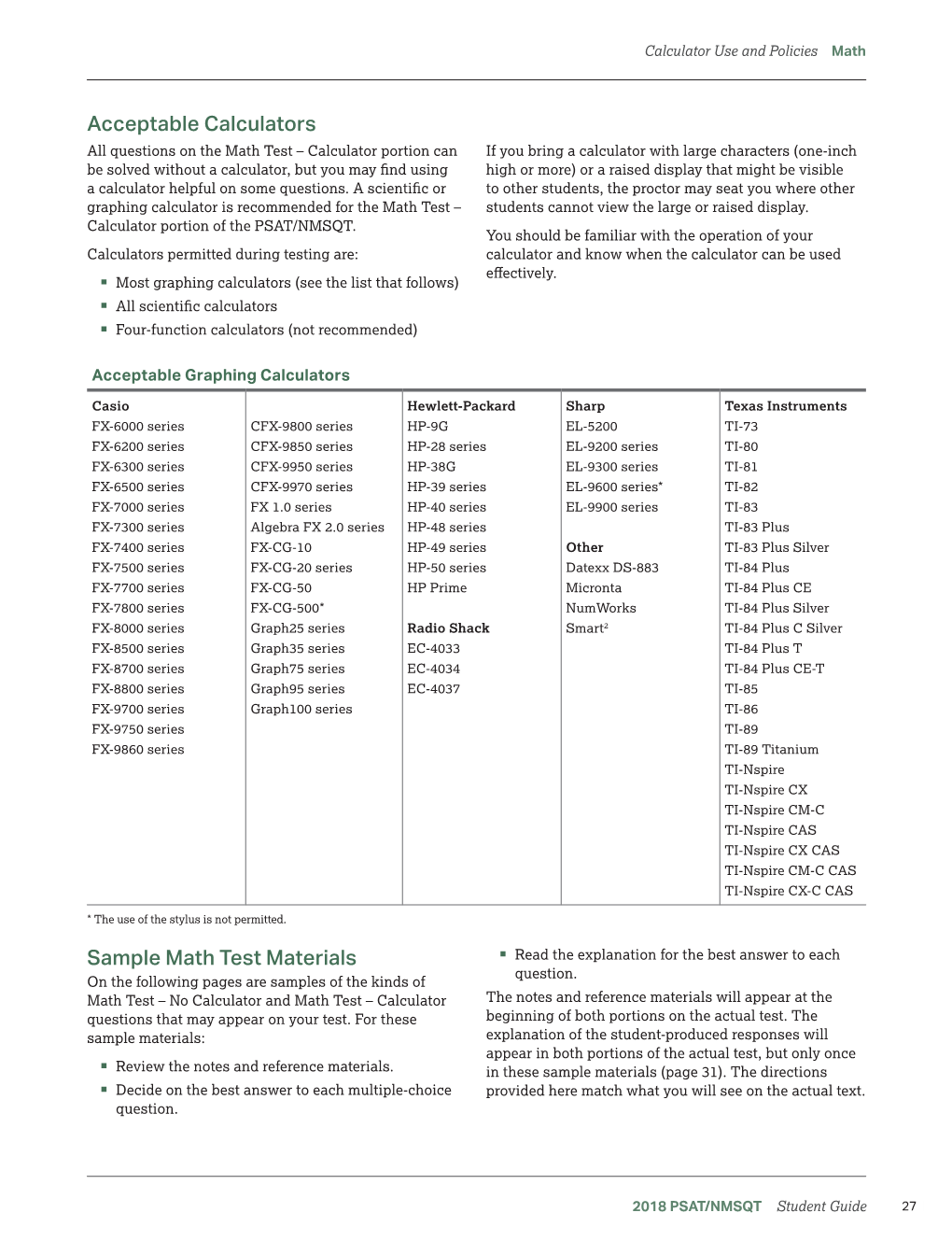 Acceptable Calculators Sample Math Test Materials