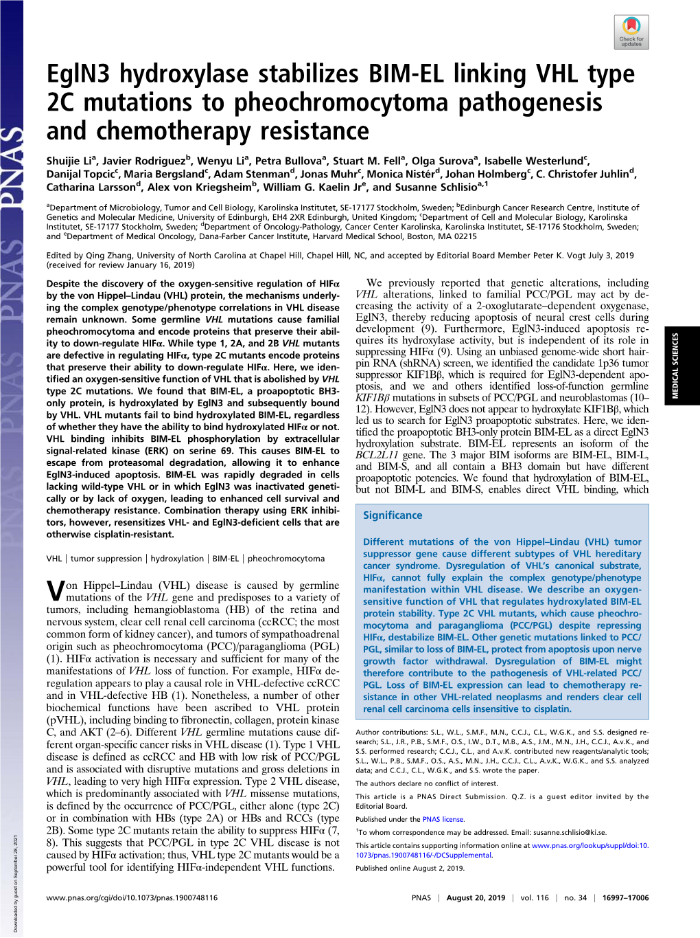 Egln3 Hydroxylase Stabilizes BIM-EL Linking VHL Type 2C Mutations to Pheochromocytoma Pathogenesis and Chemotherapy Resistance