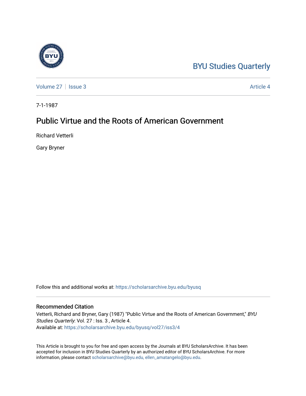 Public Virtue and the Roots of American Government