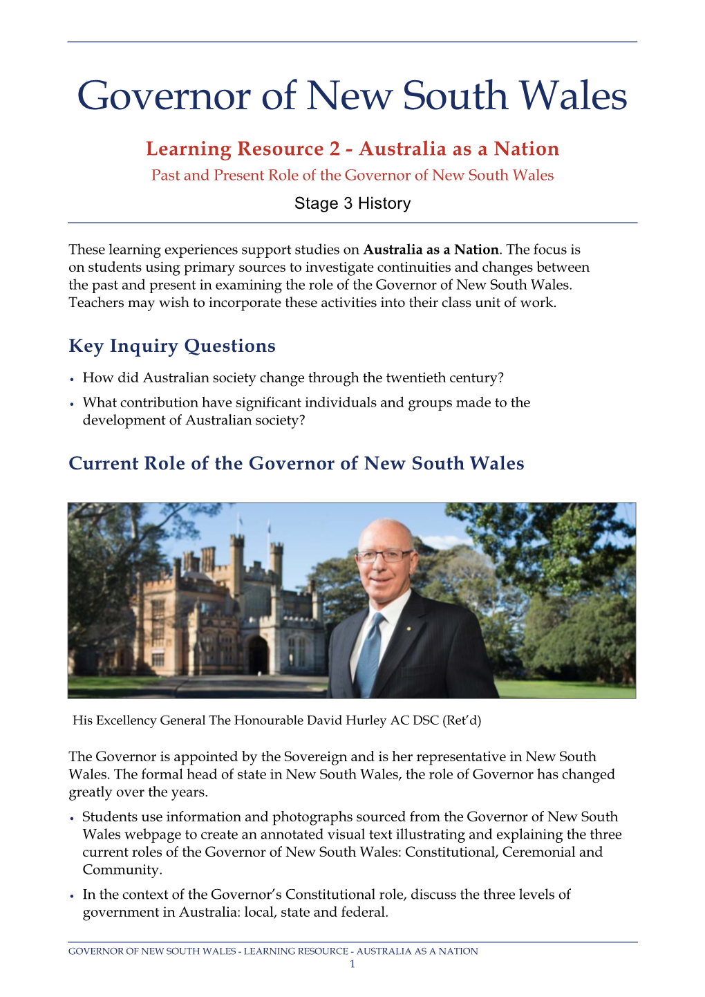 Australia As a Nation Past and Present Role of the Governor of New South Wales