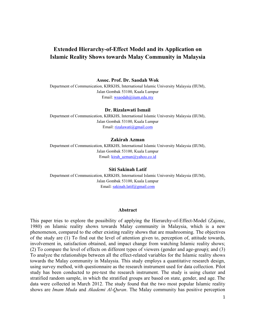 Extended Hierarchy-Of-Effect Model and Its Application on Islamic Reality Shows Towards Malay Community in Malaysia