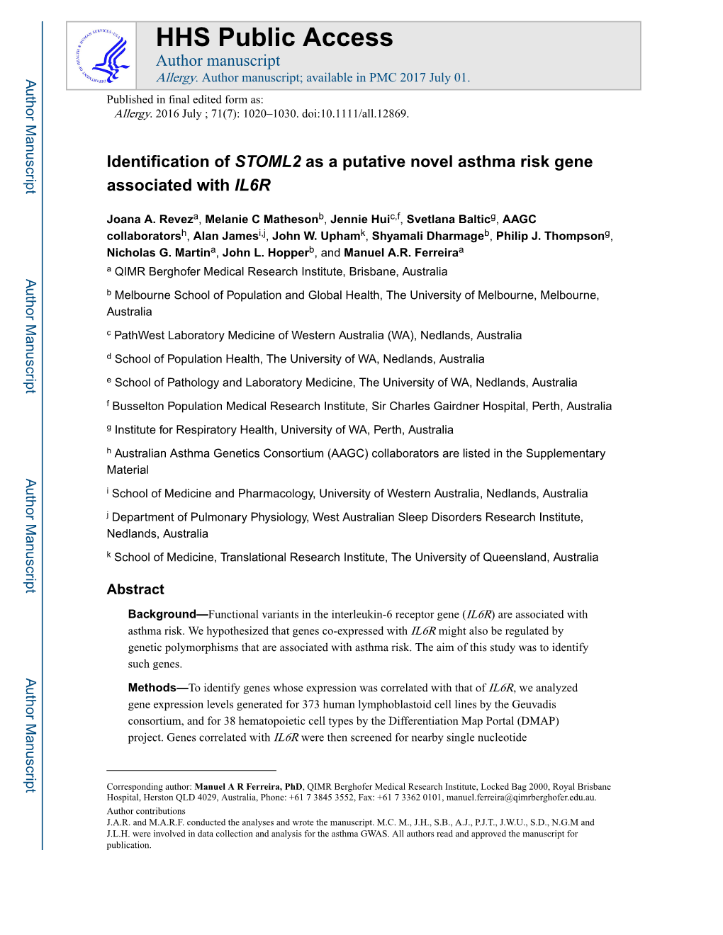 Identification of STOML2 As a Putative Novel Asthma Risk Gene Associated with IL6R