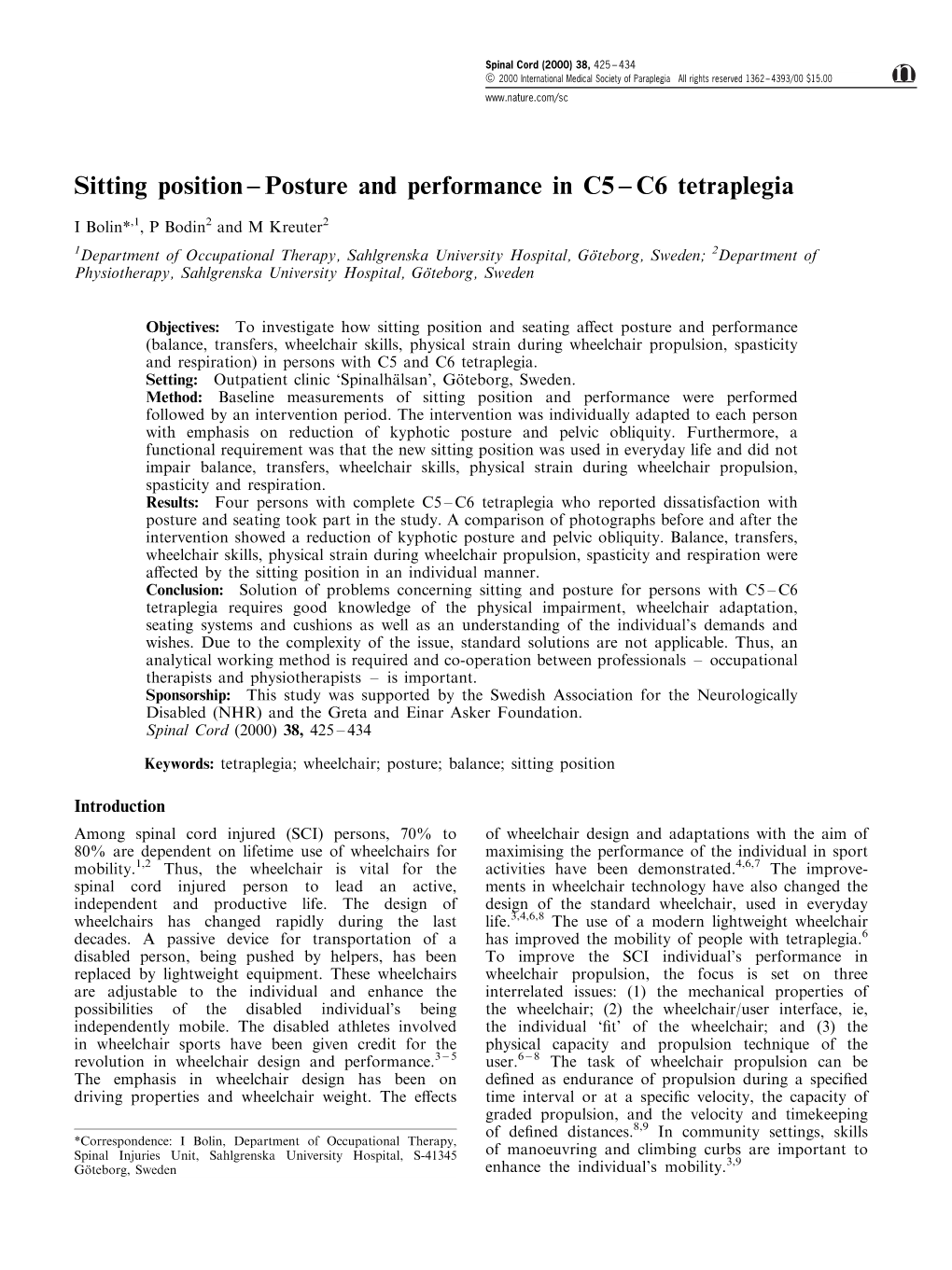 Sitting Position±Posture and Performance in C5±C6 Tetraplegia