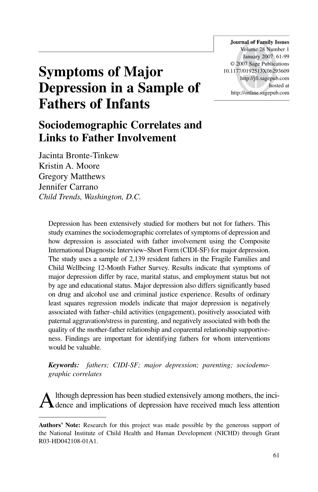 Symptoms of Major Depression in a Sample of Fathers of Infants