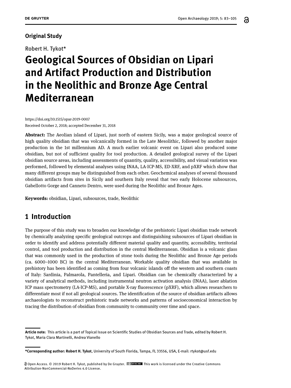 Geological Sources of Obsidian on Lipari and Artifact Production and Distribution in the Neolithic and Bronze Age Central Mediterranean