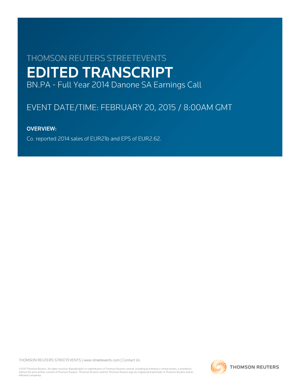 Full Year 2014 Danone SA Earnings Call on February 20, 2015 / 8:00AM