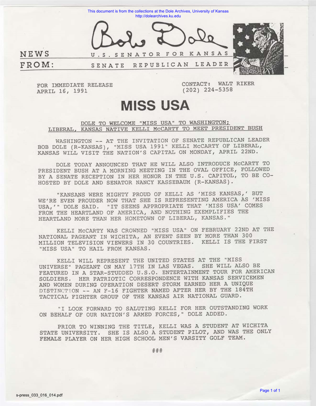 MISS USA DOLE to WELCOME 