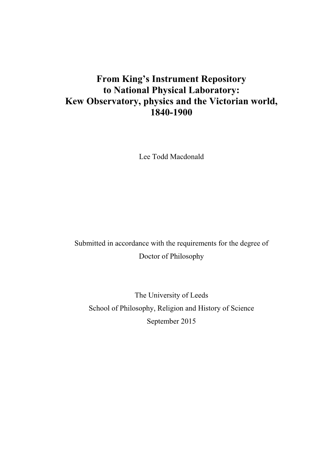 National Physical Laboratory: Kew Observatory, Physics and the Victorian World, 1840-1900