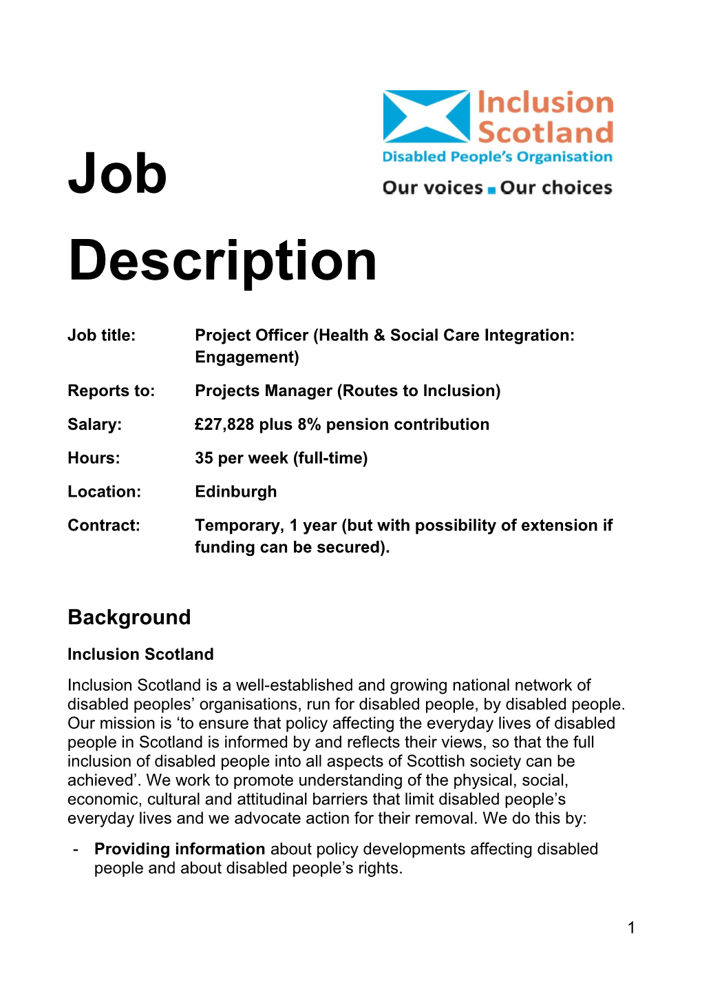 Job Title: Project Officer (Health & Social Care Integration: Engagement)