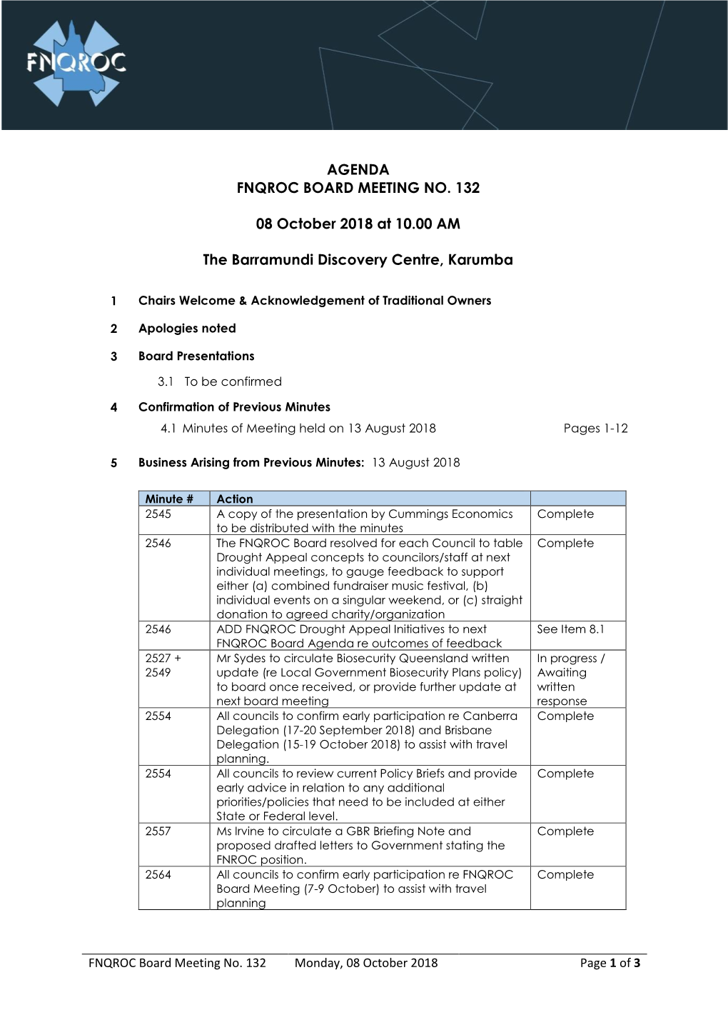 AGENDA FNQROC BOARD MEETING NO. 132 08 October 2018 at 10.00