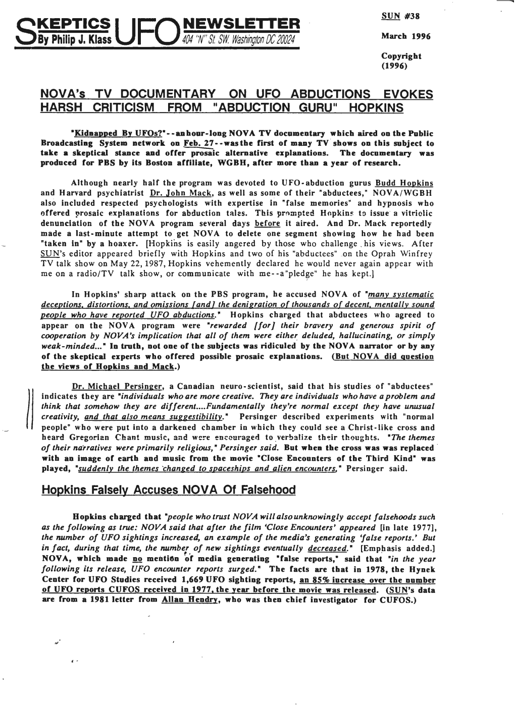 Skeptics UFO Newsletter -2- March 1996 HOPKINS DEMONSTRATES HIS