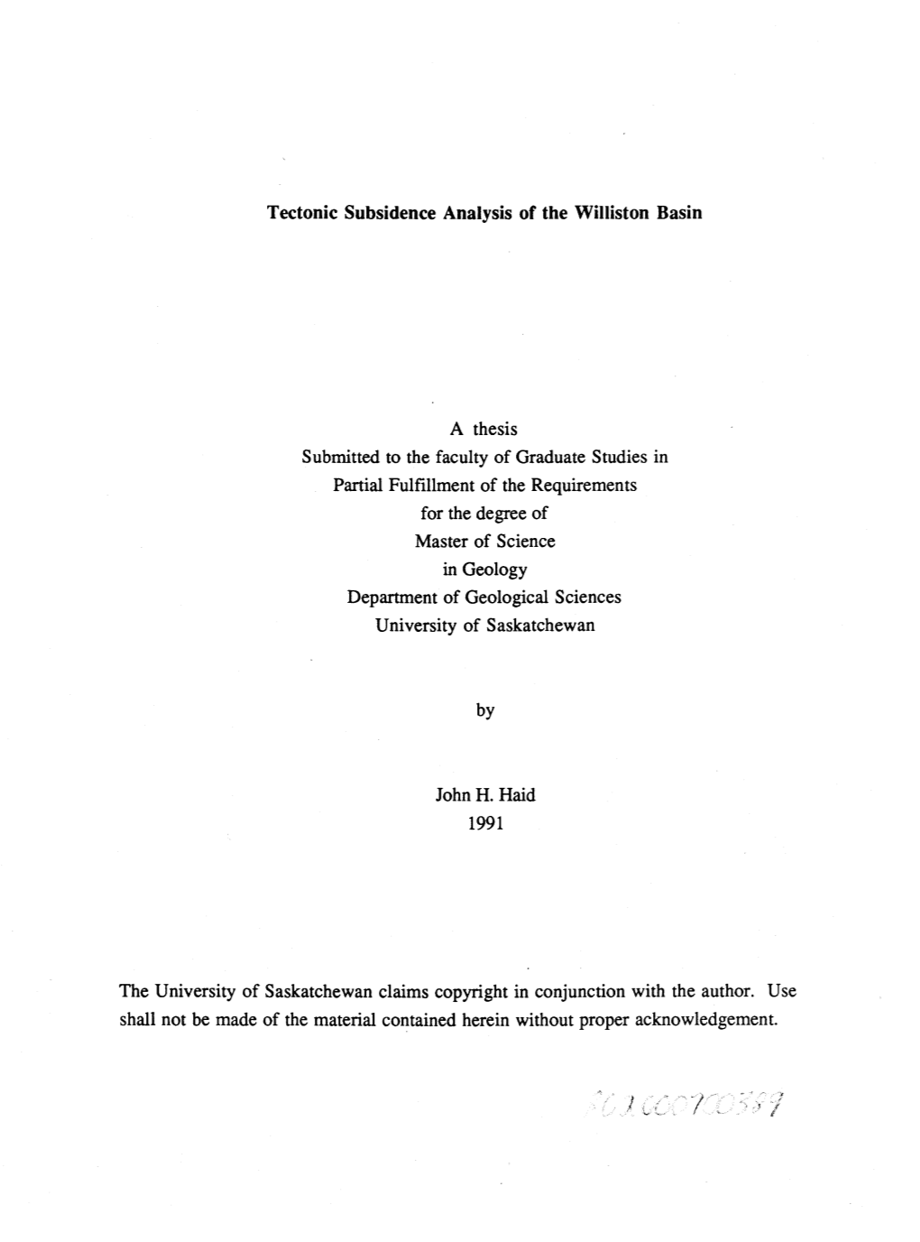 Tectonic Subsidence Analysis of the Williston Basin a Thesis Submitted