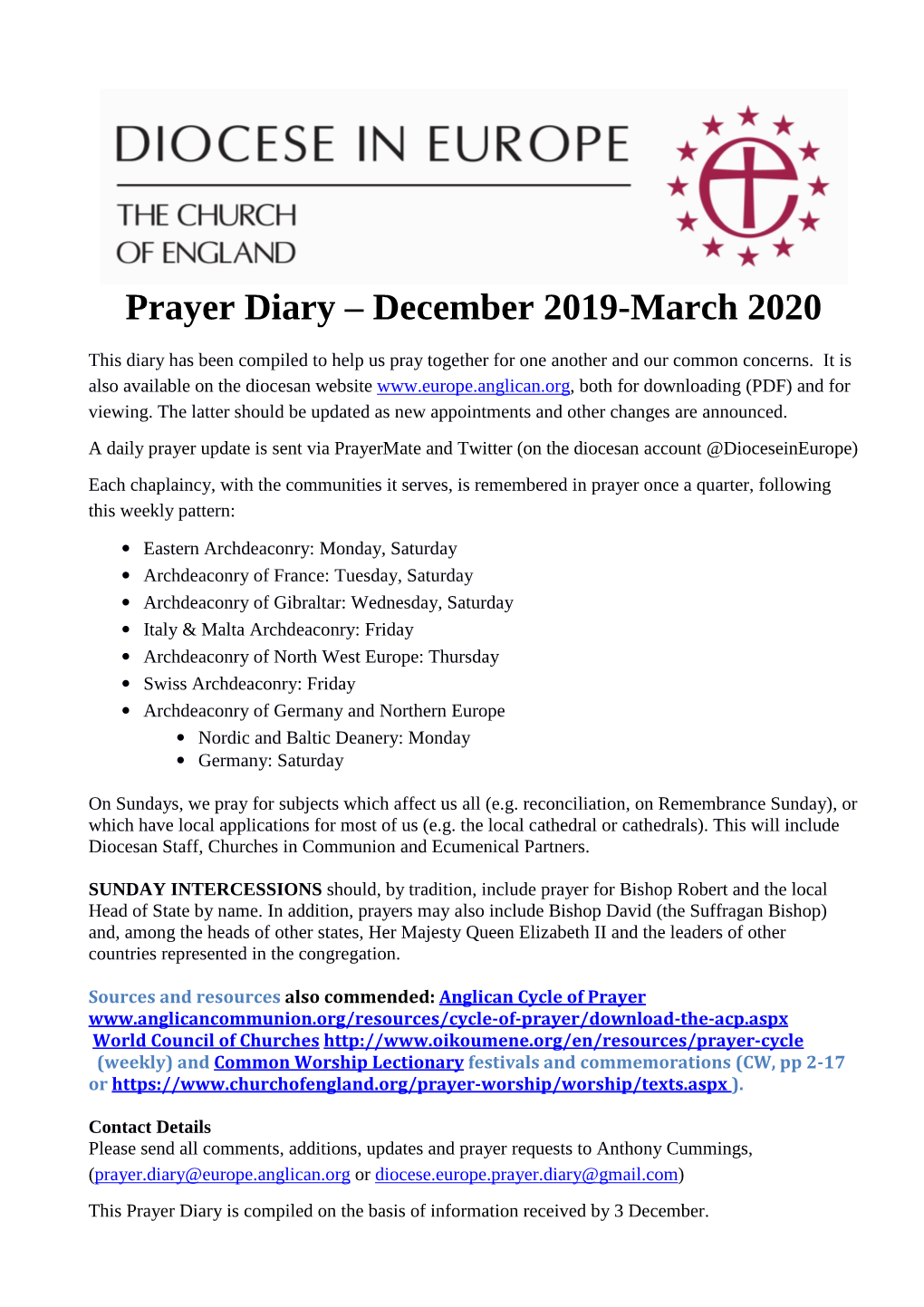 Prayer Diary – December 2019-March 2020