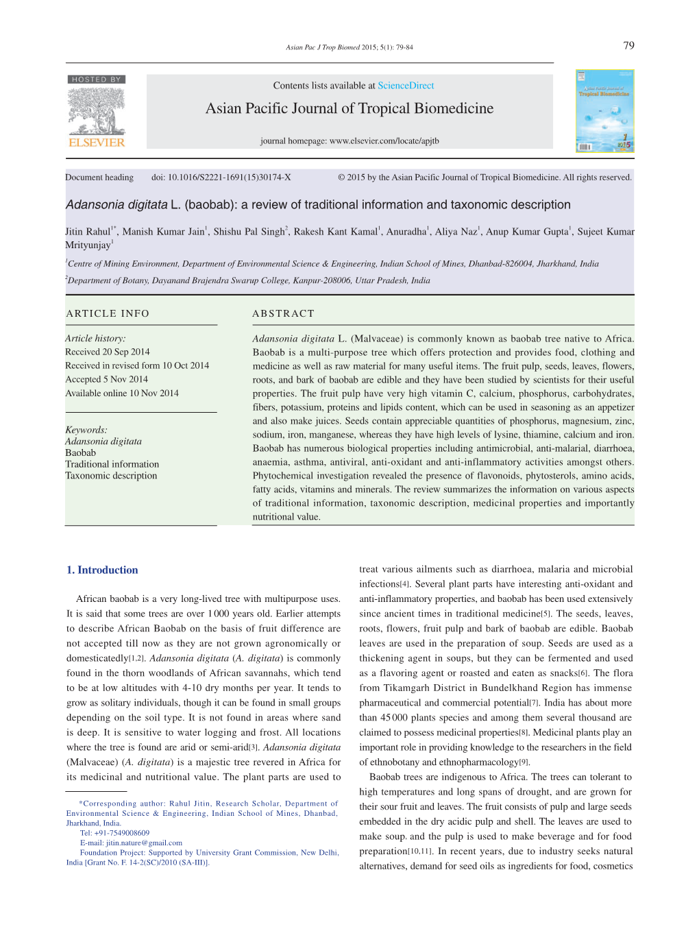 Adansonia Digitata L. (Baobab): a Review of Traditional Information and Taxonomic Description