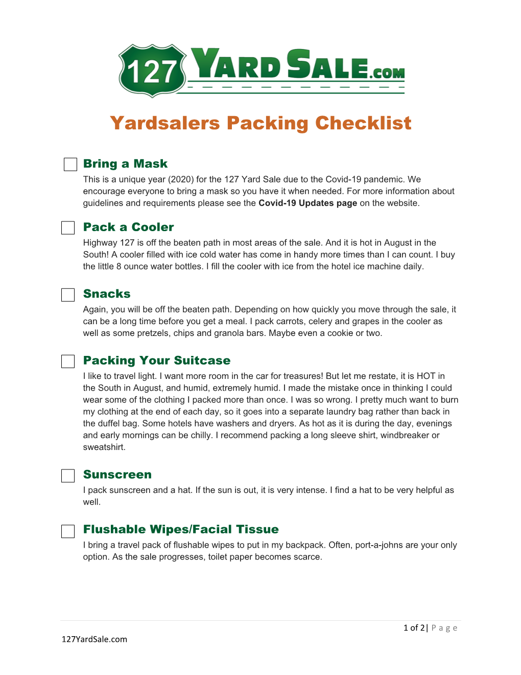 Yardsalers Packing Checklist