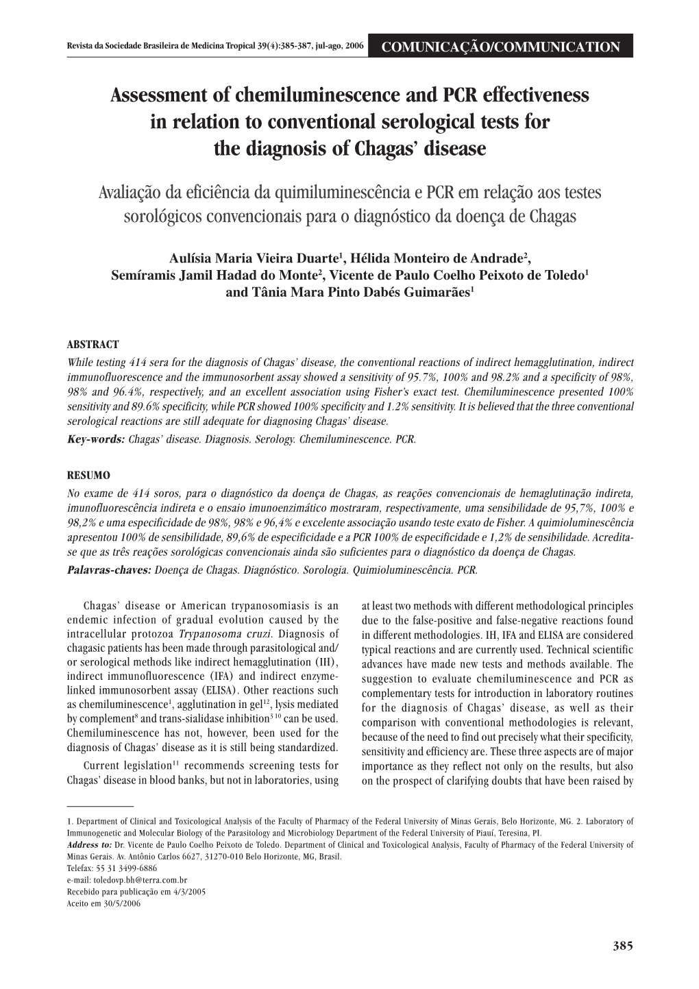 Assessment of Chemiluminescence and PCR Effectiveness in Relation to Conventional Serological Tests for the Diagnosis of Chagas’ Disease