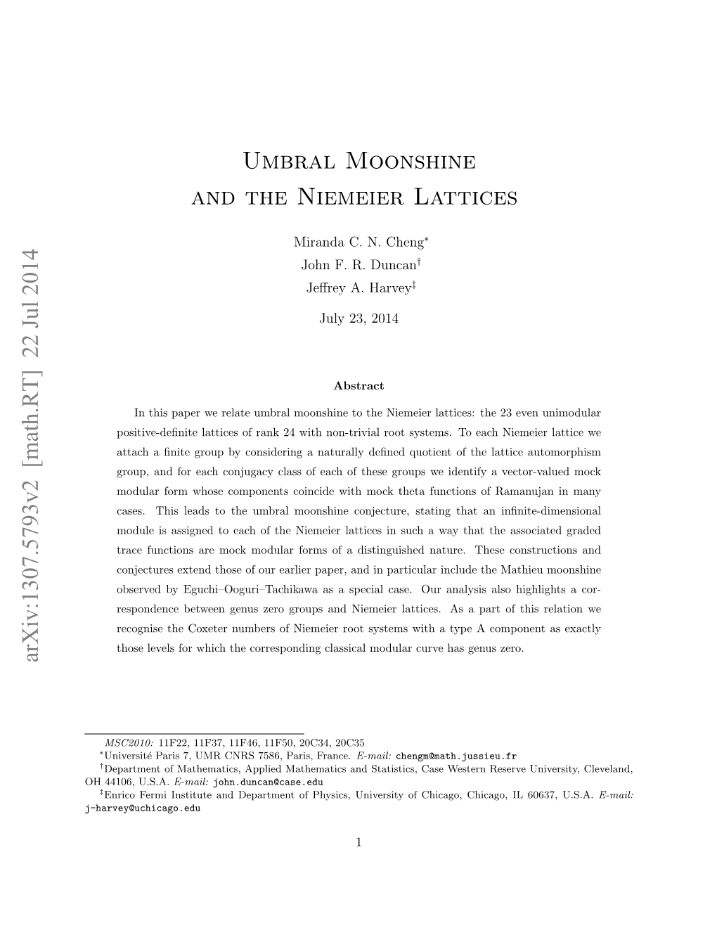 Umbral Moonshine and the Niemeier Lattices Arxiv:1307.5793V2