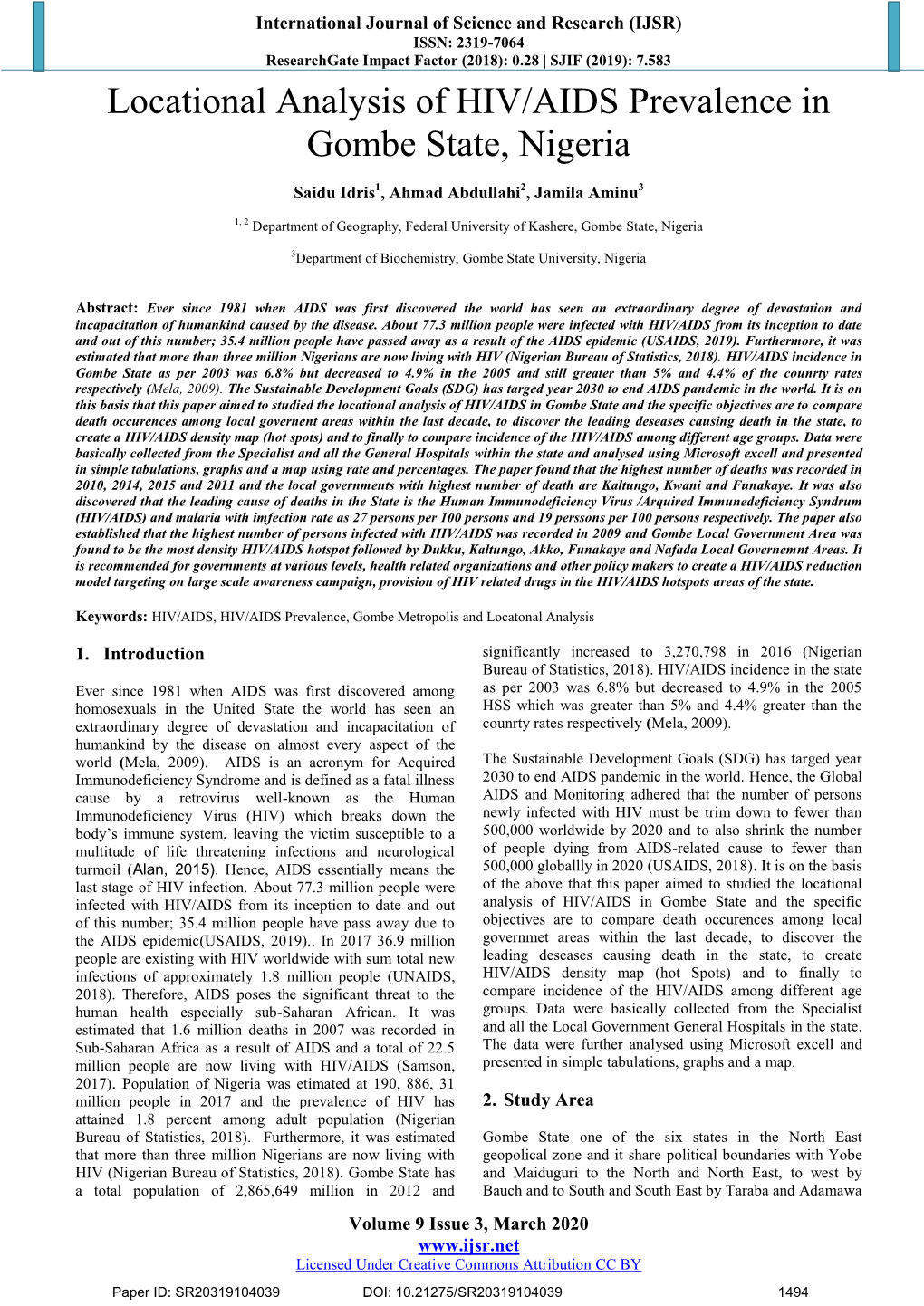 Locational Analysis of HIV/AIDS Prevalence in Gombe State, Nigeria