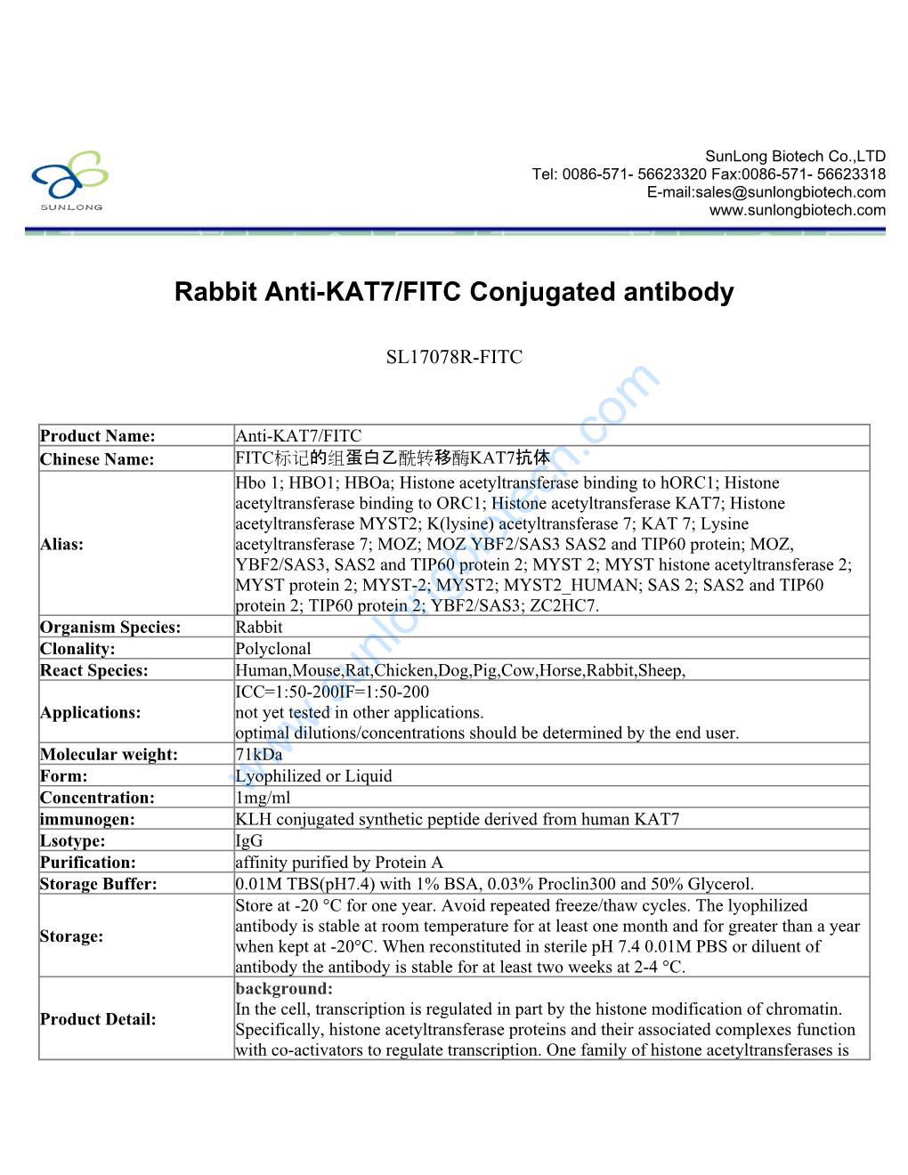 Rabbit Anti-KAT7/FITC Conjugated Antibody