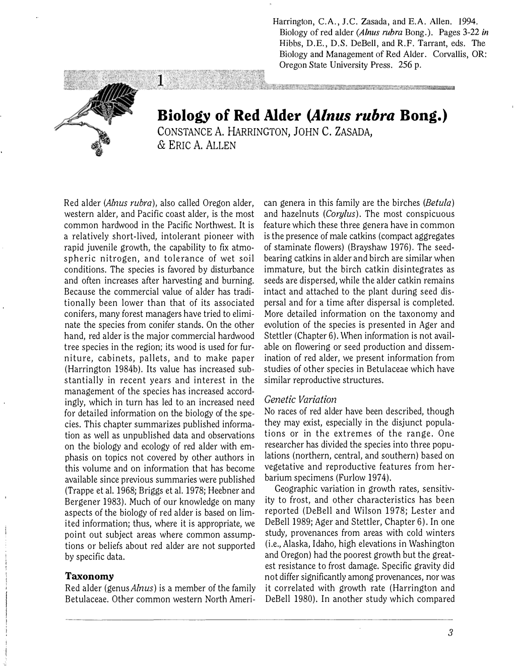 Biology of Red Alder (Alnus Rubra Bong.). Pages 3-22 in Hibbs, D.E., D.S