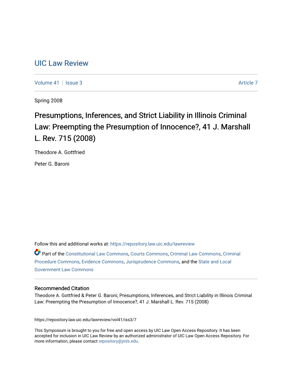 Presumptions, Inferences, and Strict Liability in Illinois Criminal Law: Preempting the Presumption of Innocence?, 41 J