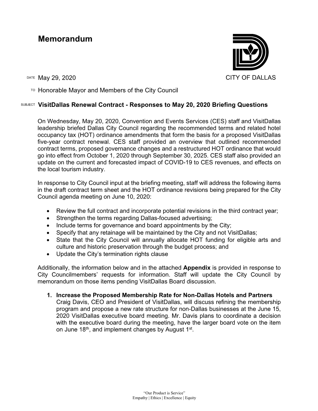 Visitdallas Renewal Contract - Responses to May 20, 2020 Briefing Questions