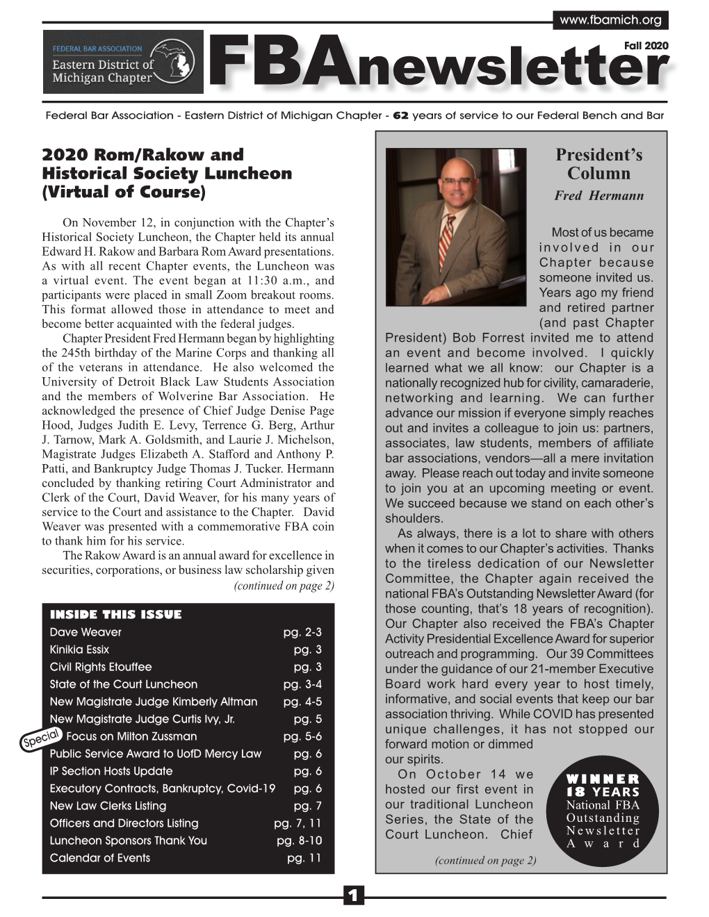 Fall 2020 Fbanewsletter Federal Bar Association - Eastern District of Michigan Chapter - 62 Years of Service to Our Federal Bench and Bar