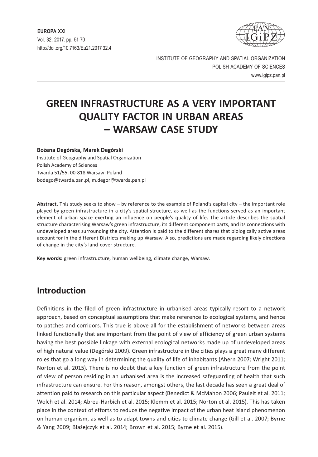 Europa XXI 32 (2017), Green Infrastructure As a Very Important Quality Factor in Urban Areas – Warsaw Case Study