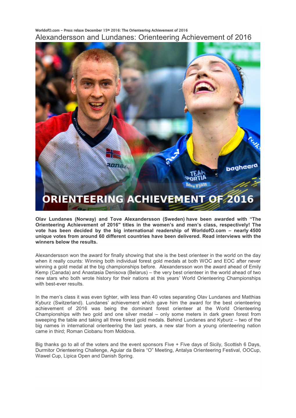 Alexandersson and Lundanes: Orienteering Achievement of 2016