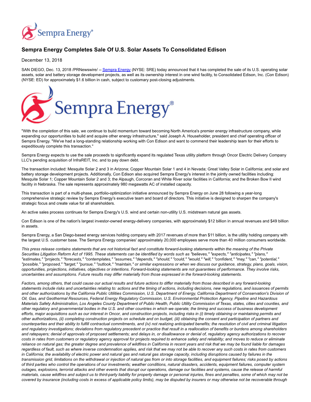 Sempra Energy Completes Sale of U.S. Solar Assets to Consolidated Edison