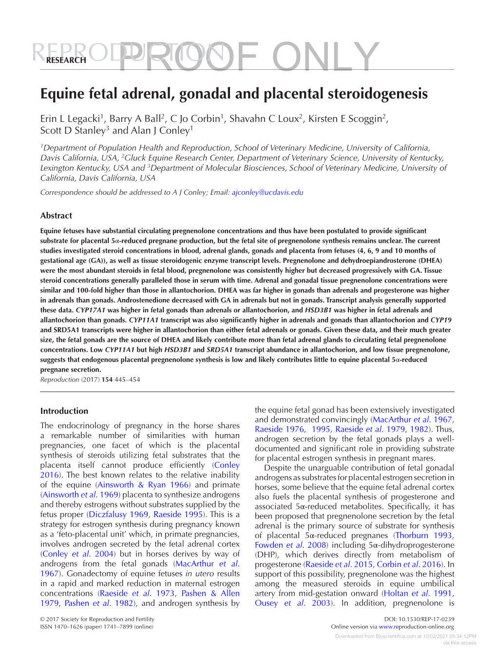 PROOF ONLY Equine Fetal Adrenal, Gonadal and Placental Steroidogenesis