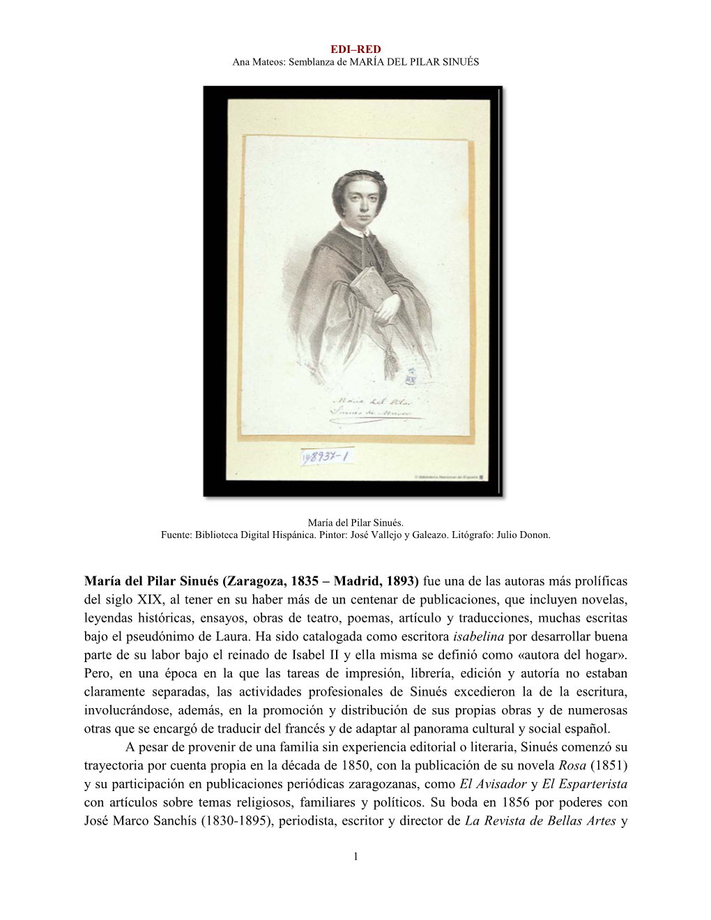 María Del Pilar Sinués (Zaragoza, 1835 – Madrid, 1893) [Semblanza]