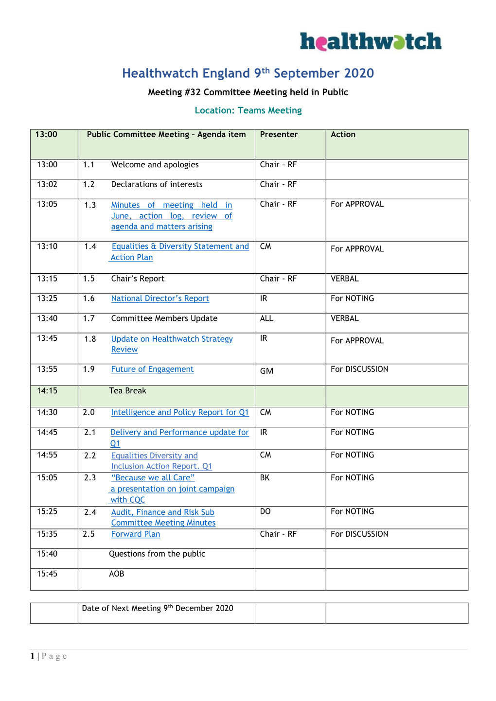 Healthwatch England 9Th September 2020 Meeting #32 Committee Meeting Held in Public Location: Teams Meeting