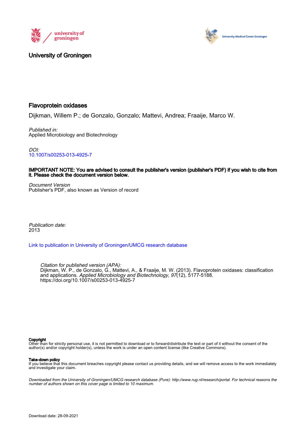 University of Groningen Flavoprotein Oxidases Dijkman, Willem P.; De