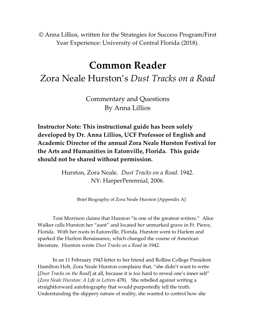 Common Reader Zora Neale Hurston’S Dust Tracks on a Road