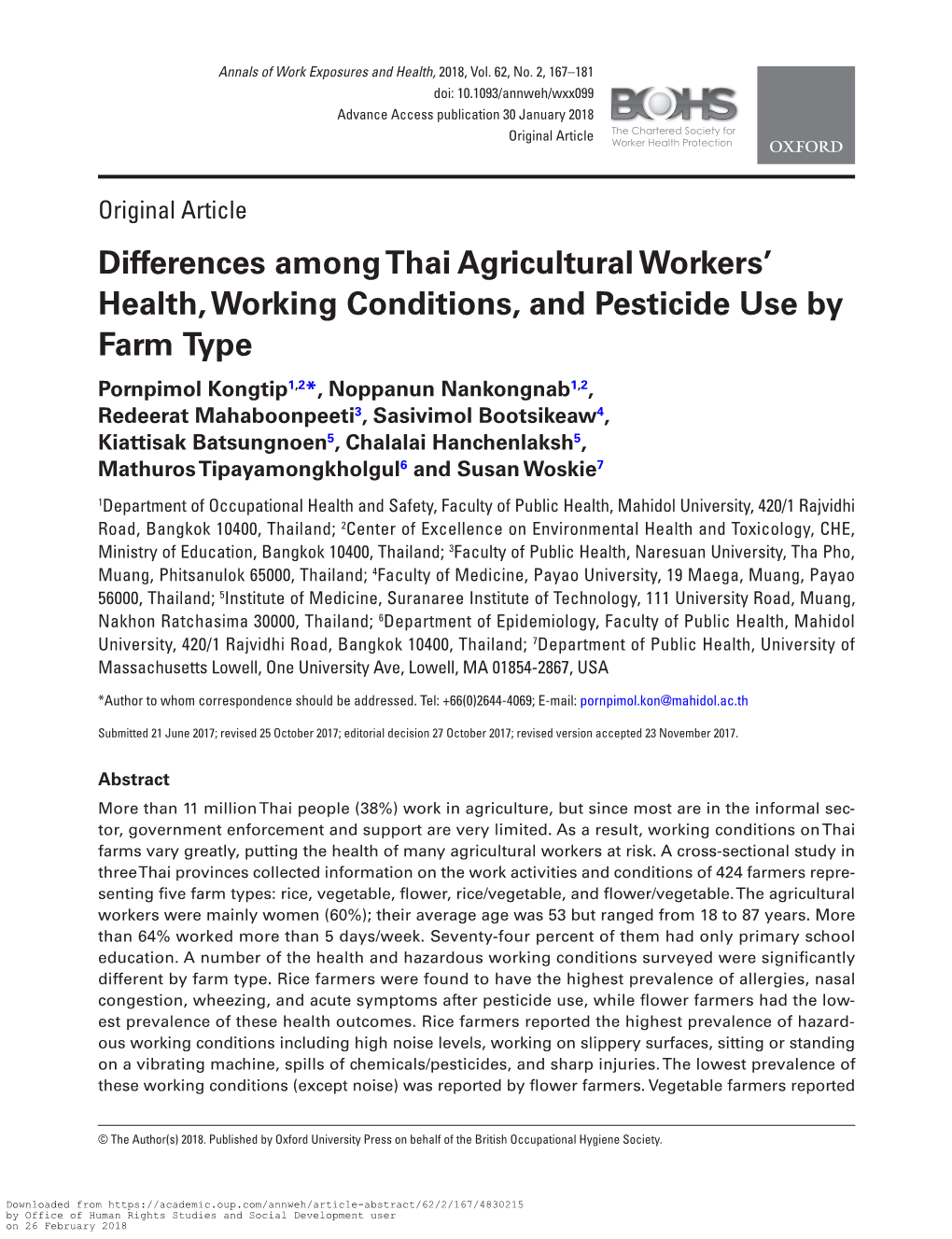 Differences Among Thai Agricultural Workers' Health, Working Conditions, and Pesticide Use by Farm Type