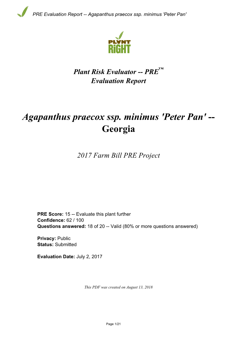 PRE Evaluation Report for Agapanthus Praecox Ssp. Minimus