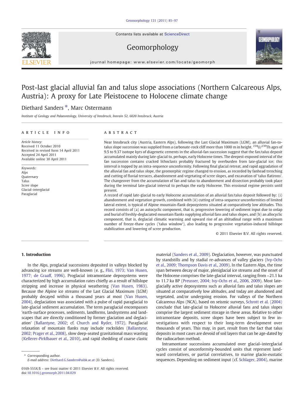 Post-Last Glacial Alluvial Fan and Talus Slope Associations (Northern Calcareous Alps, Austria): a Proxy for Late Pleistocene to Holocene Climate Change