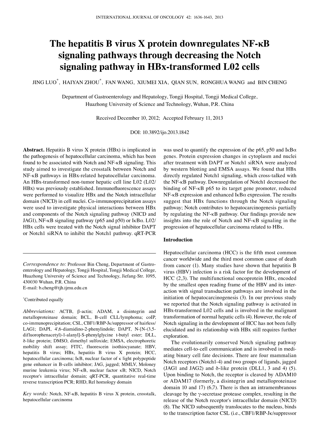 The Hepatitis B Virus X Protein Downregulates NF-Κb Signaling Pathways Through Decreasing the Notch Signaling Pathway in Hbx-Transformed L02 Cells