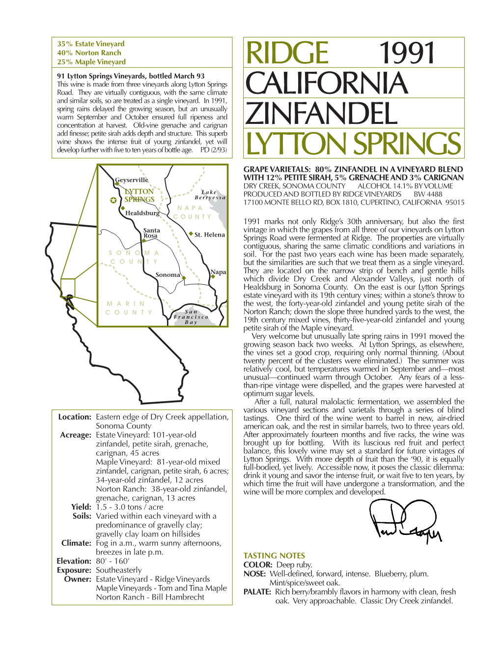 Ridge1 991 California Alifornia Zinfandel Lytton Springs