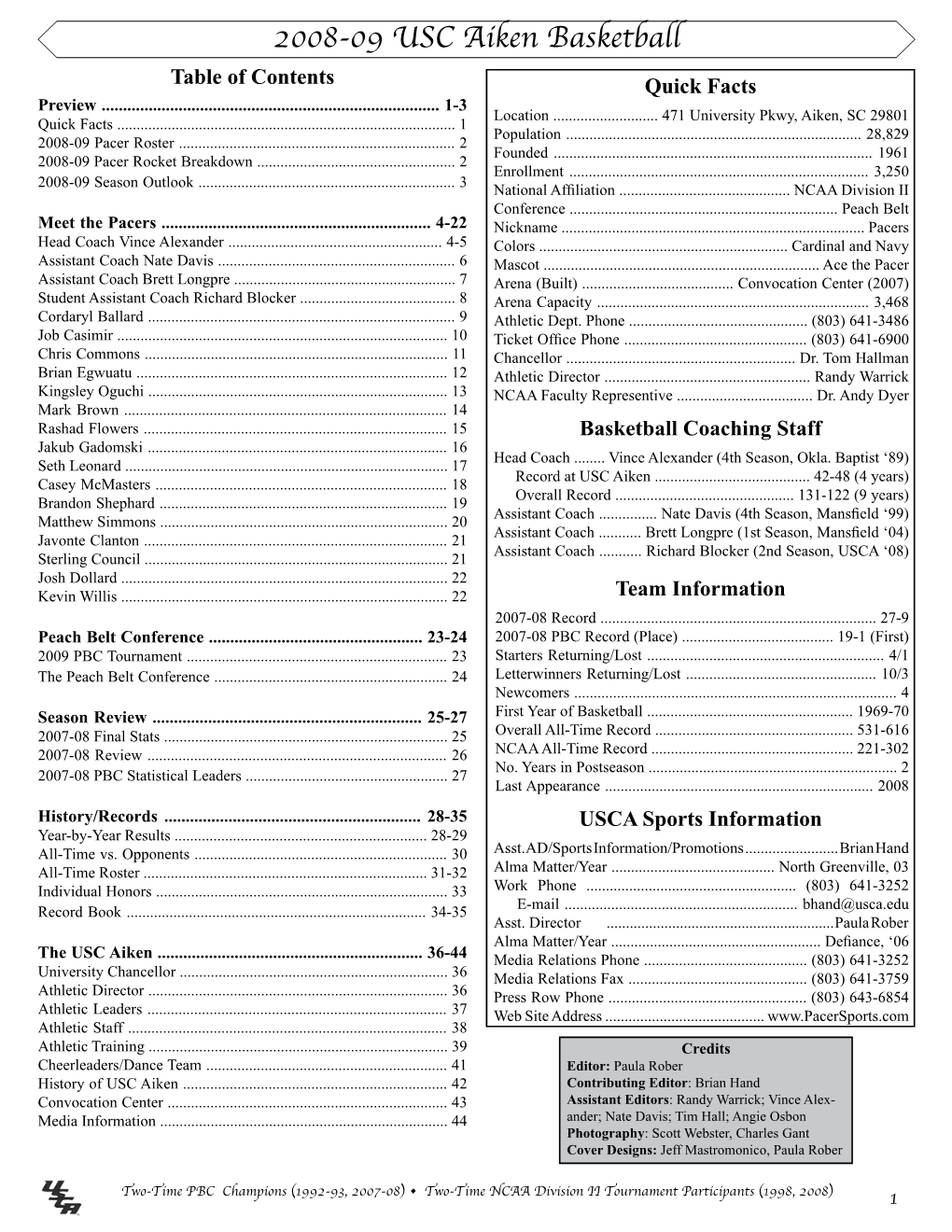 2008-09 USC Aiken Basketball Table of Contents Quick Facts Preview