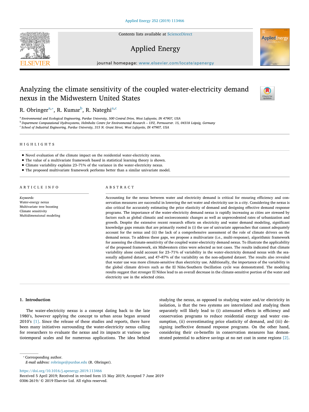 Analyzing the Climate Sensitivity of the Coupled Water-Electricity Demand Nexus in the Midwestern United States T ⁎ R