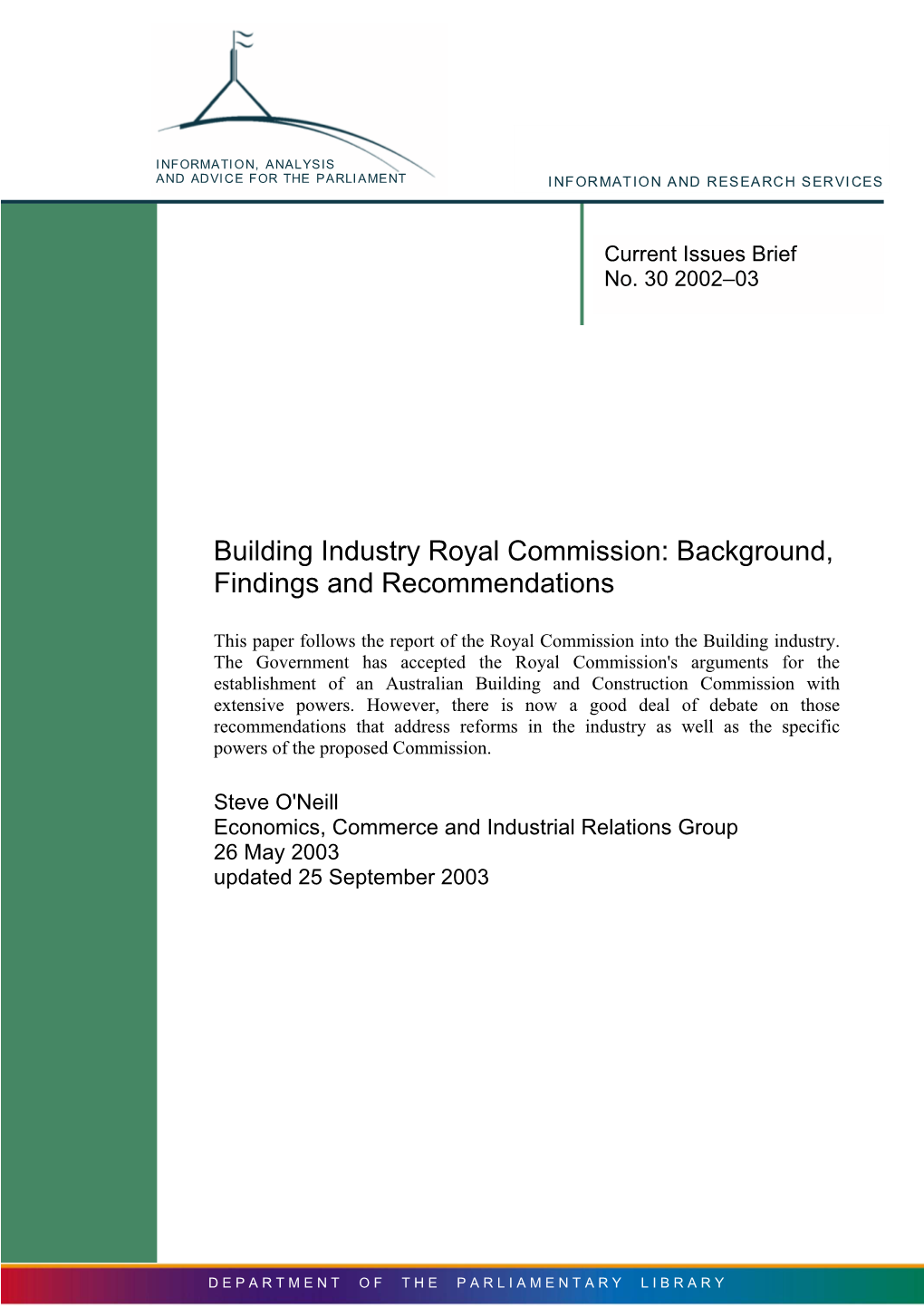 Building Industry Royal Commission: Background, Findings and Recommendations