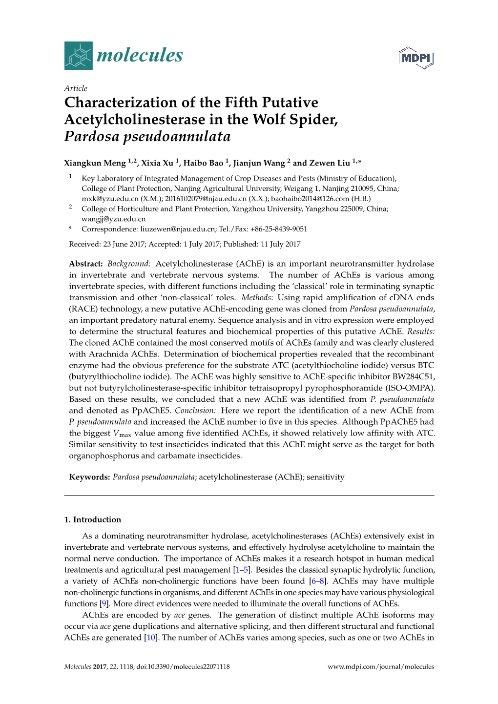 Characterization of the Fifth Putative Acetylcholinesterase in the Wolf Spider, Pardosa Pseudoannulata