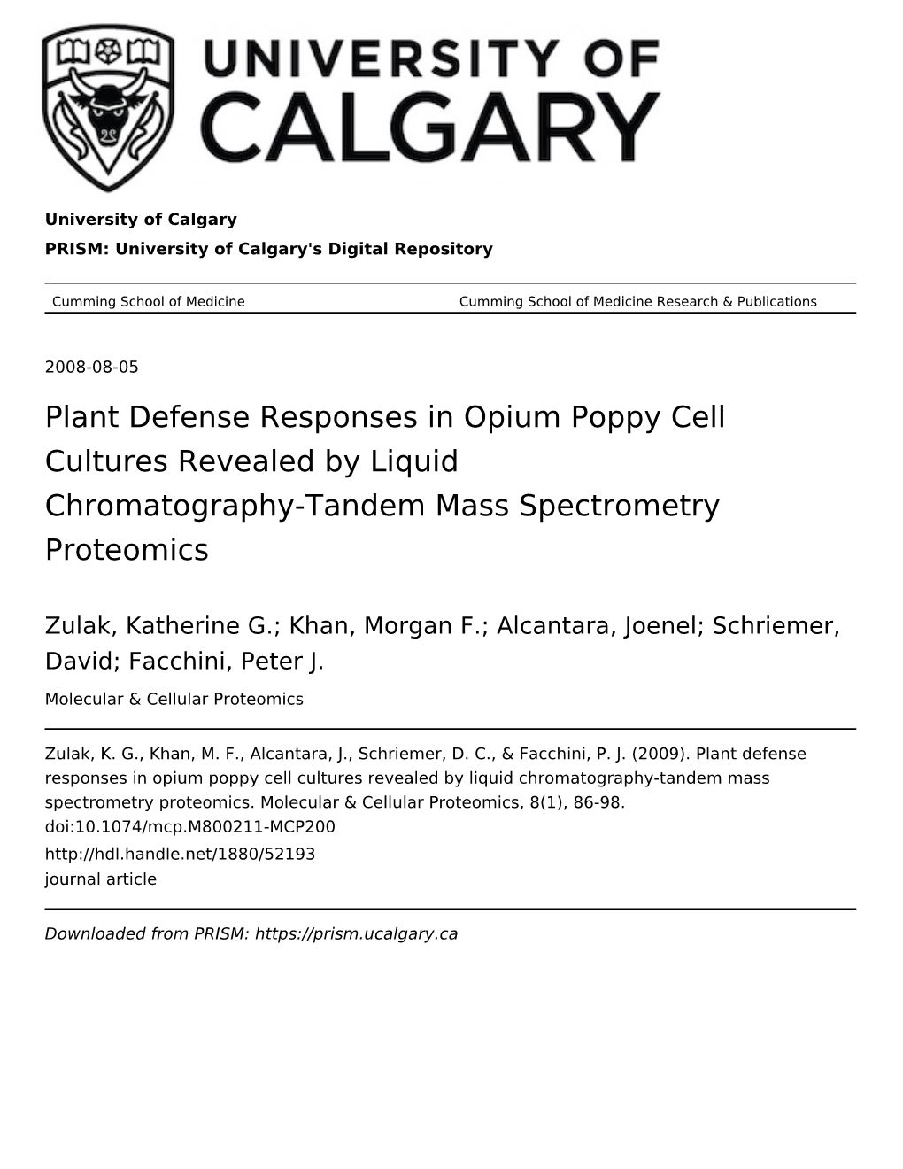 Plant Defense Responses in Opium Poppy Cell Cultures Revealed by Liquid Chromatography-Tandem Mass Spectrometry Proteomics