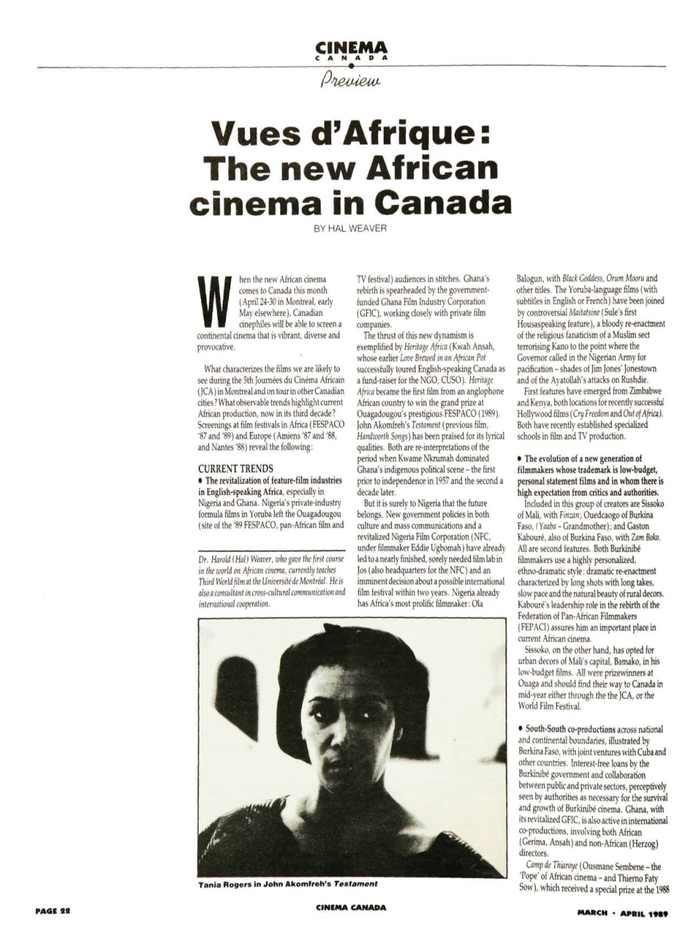 Vues D' Afrique: the New African Cinema in Canada by HAL WEAVER